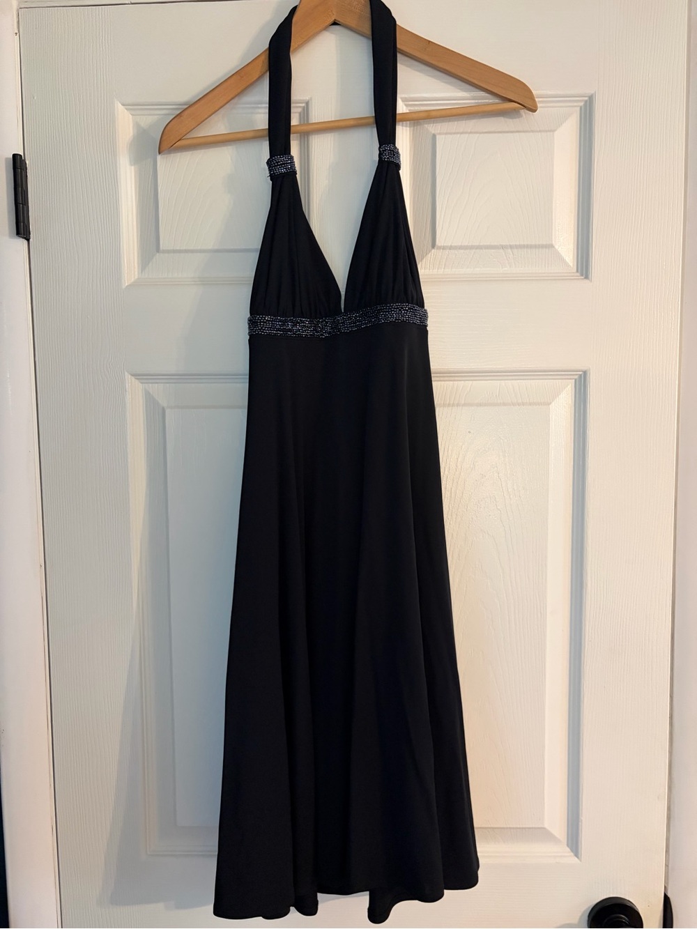 Express Black Halter Backless Evening Dress with Beaded Waist